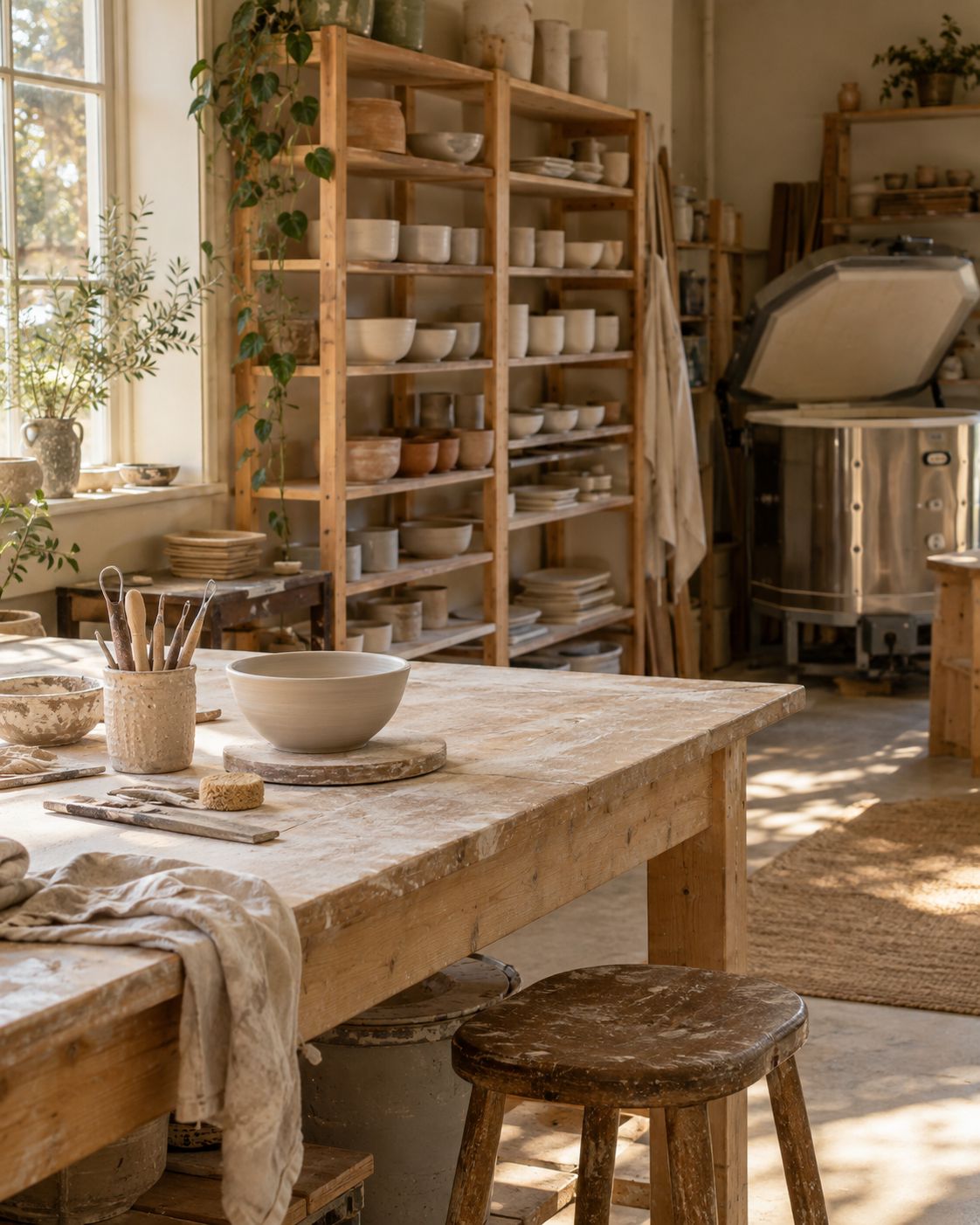 A potter's studio with shelves of drying bowls and a kiln