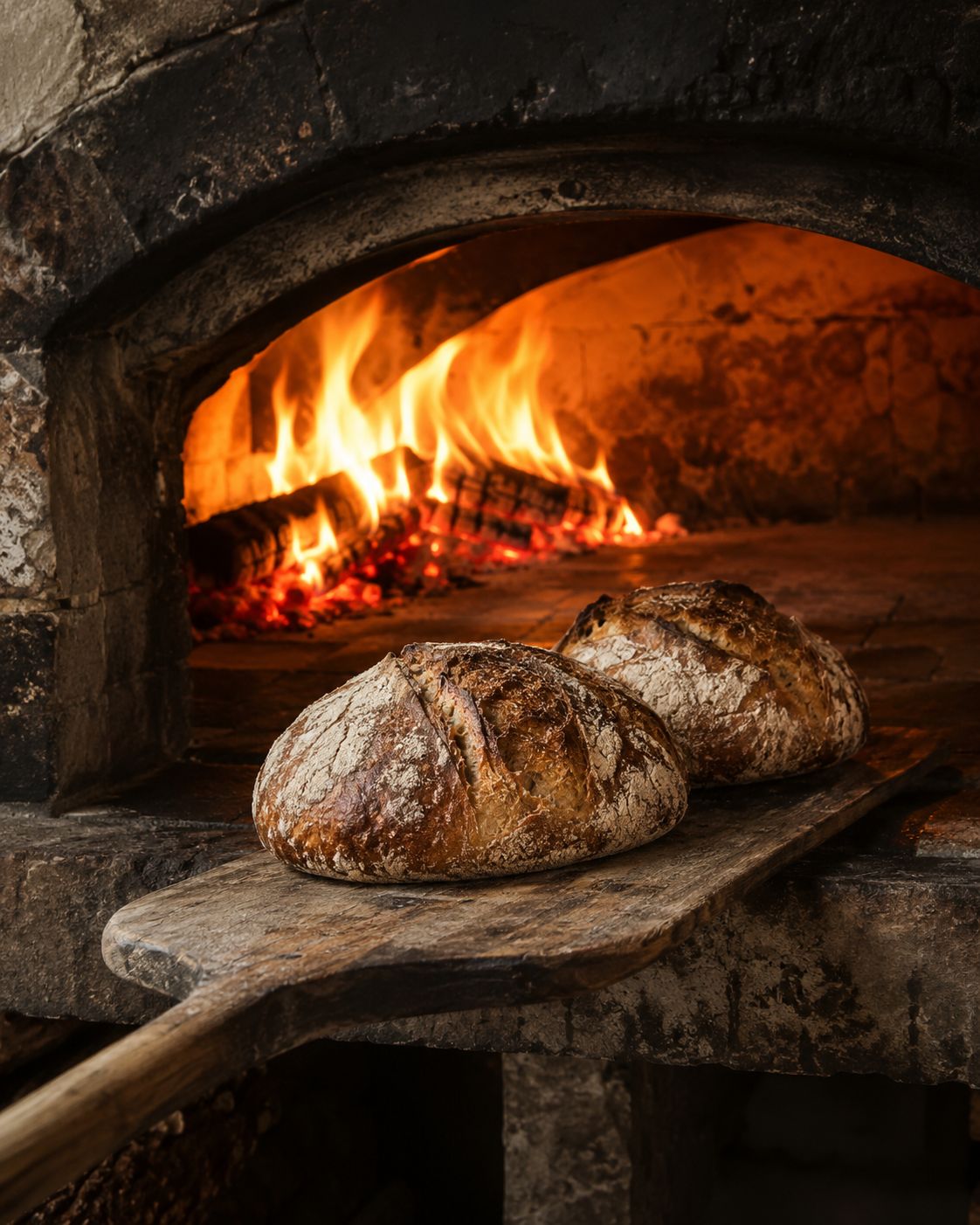 Wood-fired oven with flames