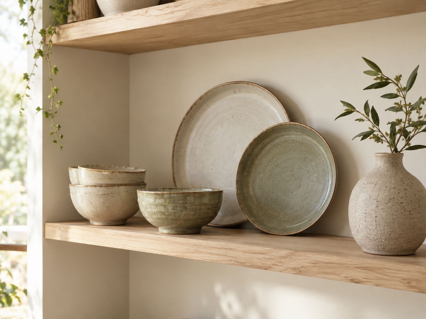 Stoneware bowls, plates and a vase on a timber shelf