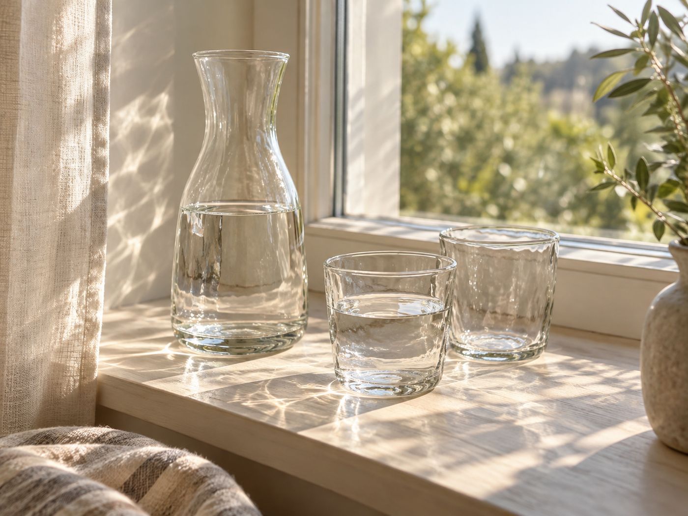 A glass carafe and tumblers on a sunlit windowsill