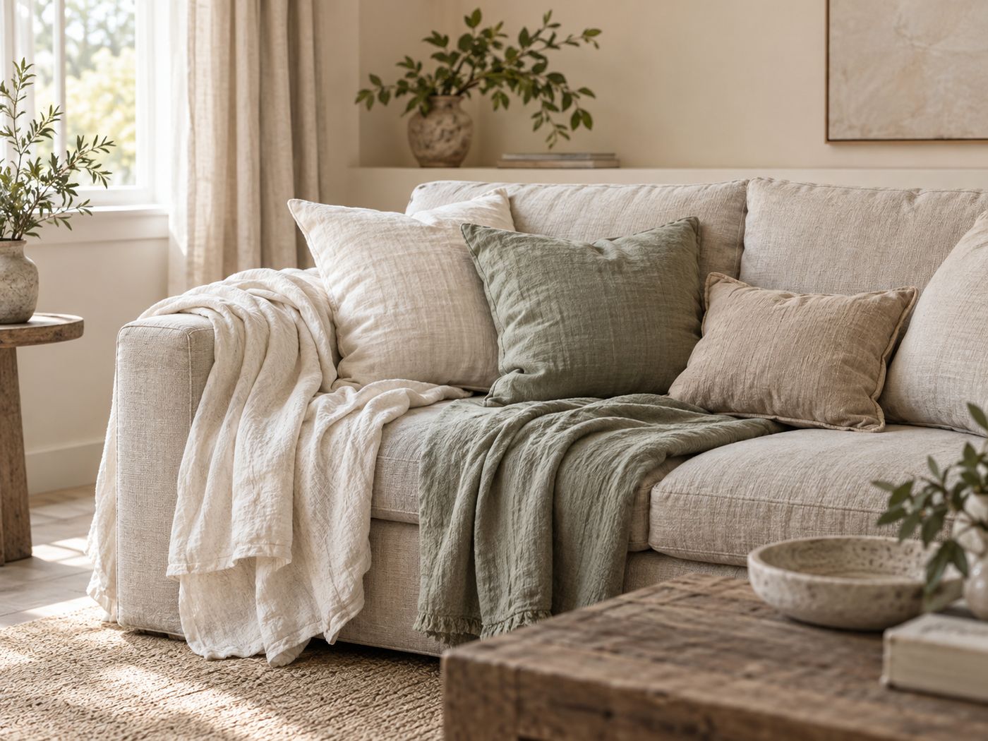 Linen throws and cushions on a sofa