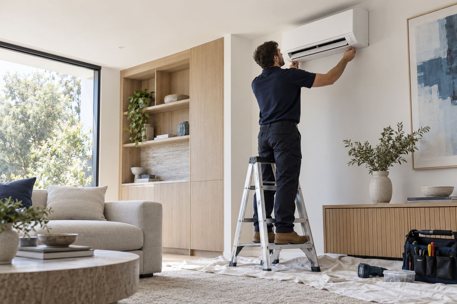 A CoolFlow installer fitting a wall-mounted split system in a bright living room, drop sheets down