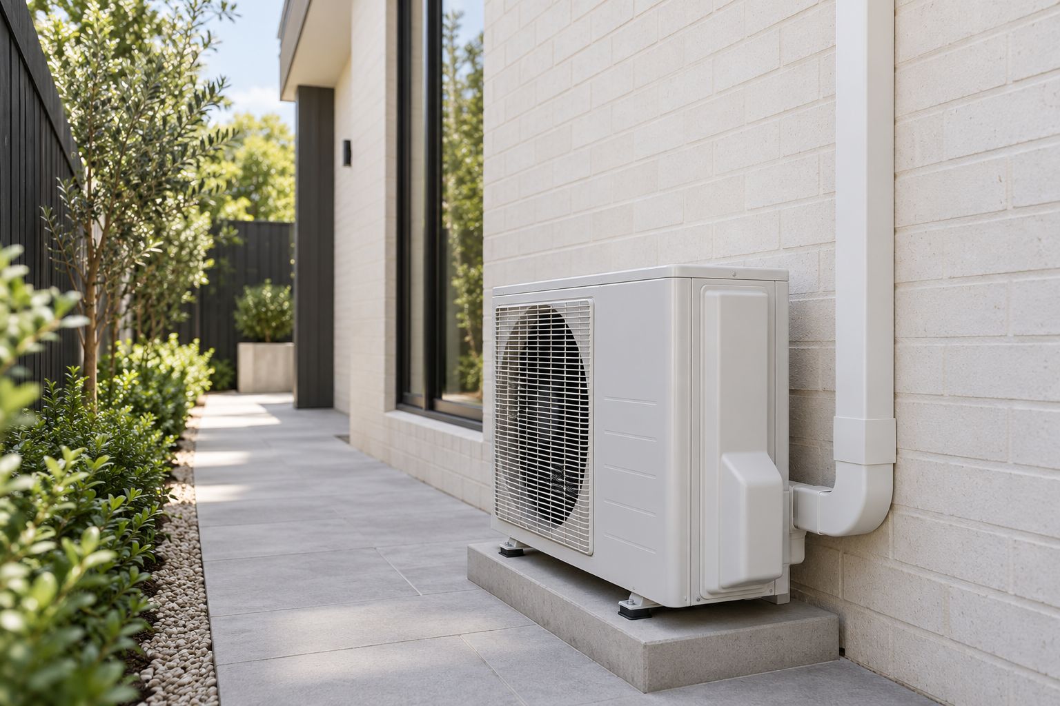 A neatly installed outdoor heat pump unit on a concrete pad, with cabling in a clean white duct cover