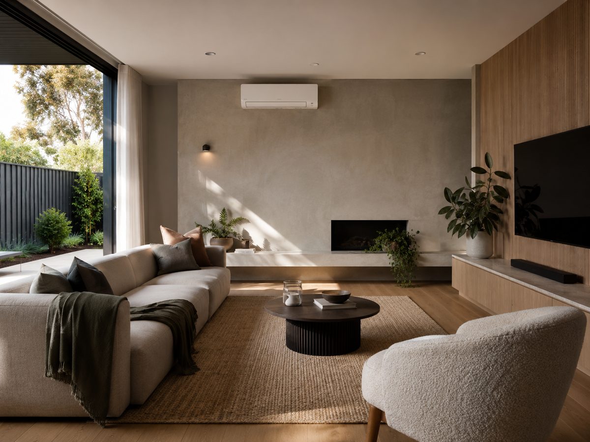 A comfortable modern living room kept at the perfect temperature by a wall-mounted CoolFlow heat pump
