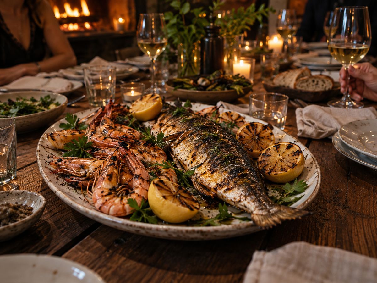 A seafood platter of grilled prawns, whole fish and charred lemon on a candlelit table