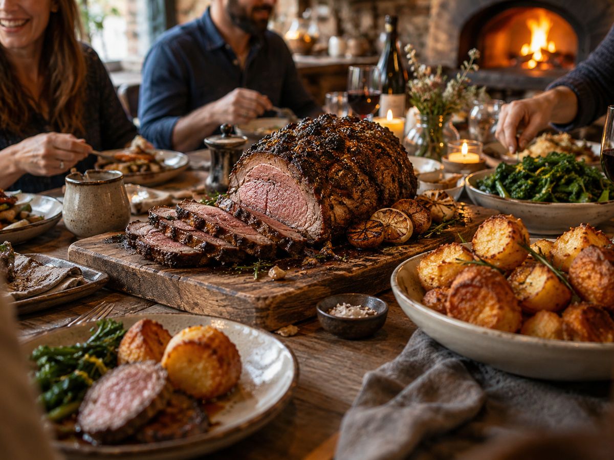 A carved roast with crispy potatoes and greens on a shared table