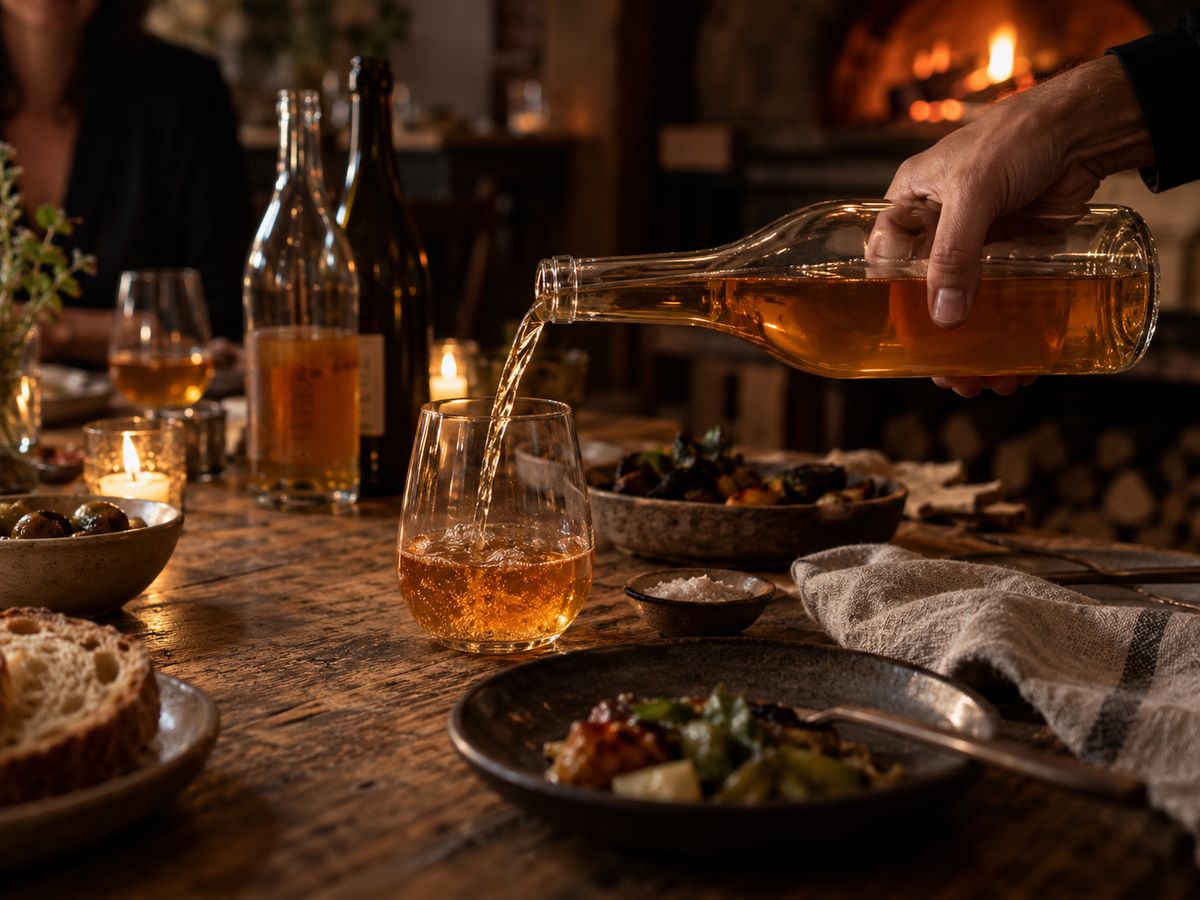 Orange wine being poured into a glass at a candlelit table