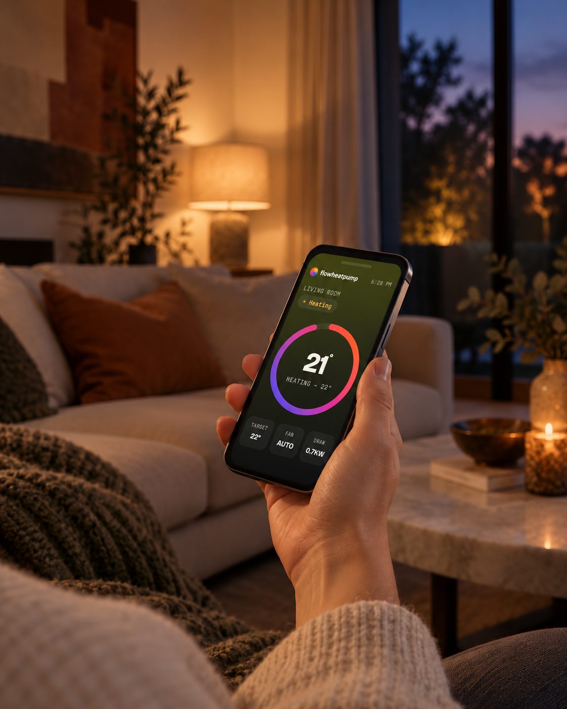 A hand holding a phone showing the flowheatpump app heating the living room to 22 degrees on a winter evening