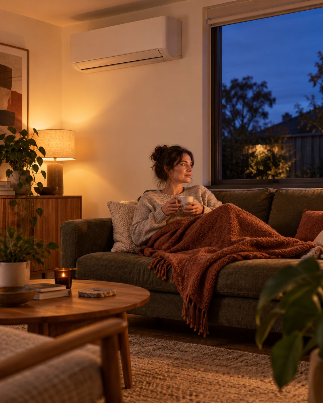 A woman relaxing on the sofa under a throw with a warm drink, a wall-mounted heat pump above her and blue dusk outside