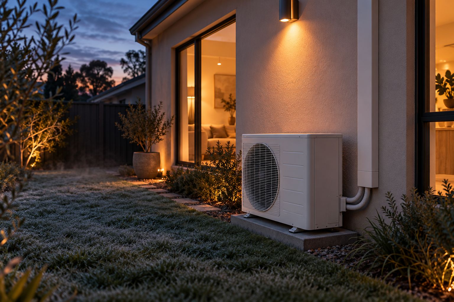 An outdoor heat pump unit at dusk beside a warmly lit window, with frost on the lawn
