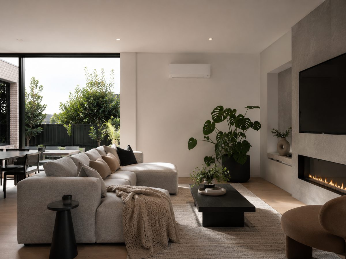 A warm, comfortable living room heated by a wall-mounted heat pump