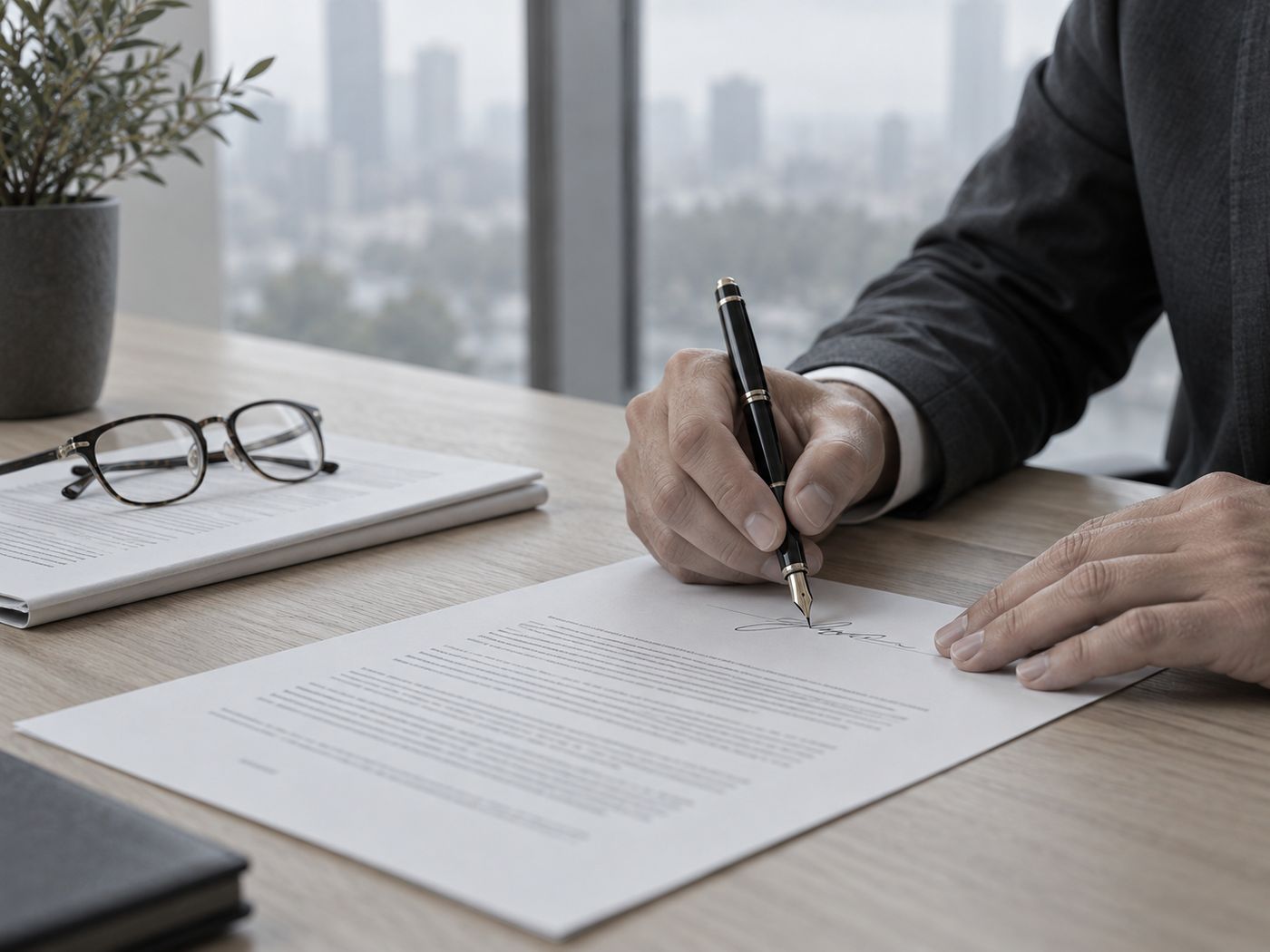 A hand signing an agreement with a fountain pen beside reading glasses