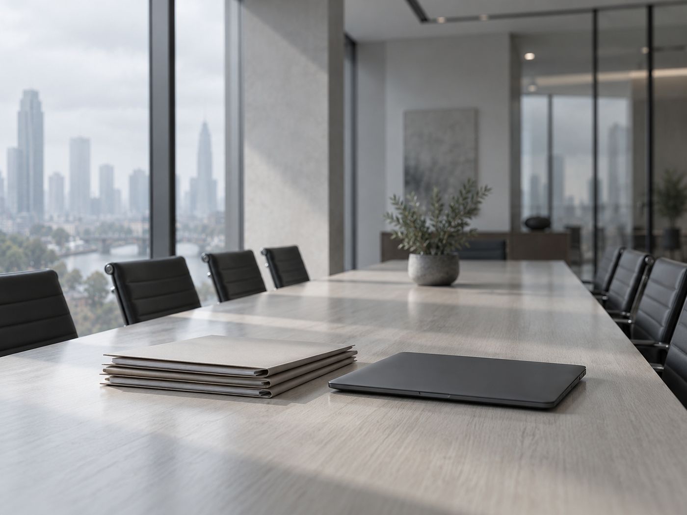 Folders and a closed laptop on a long, empty boardroom table