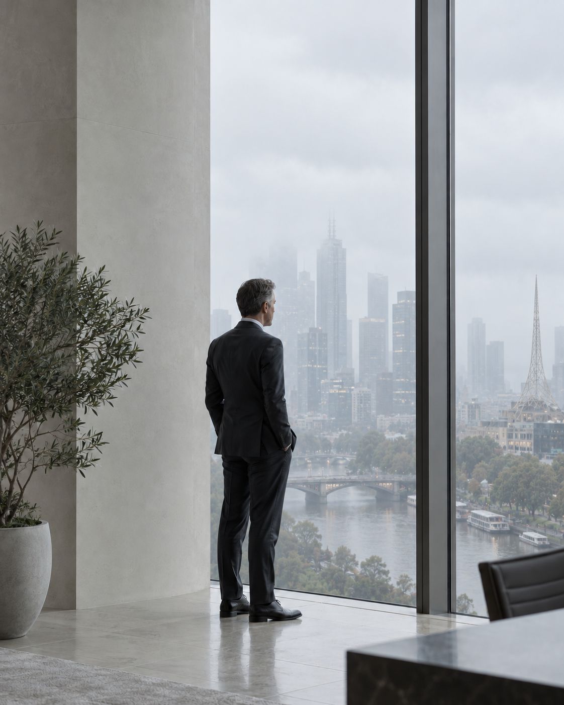 A partner looking out over a misty Melbourne skyline from a high office window
