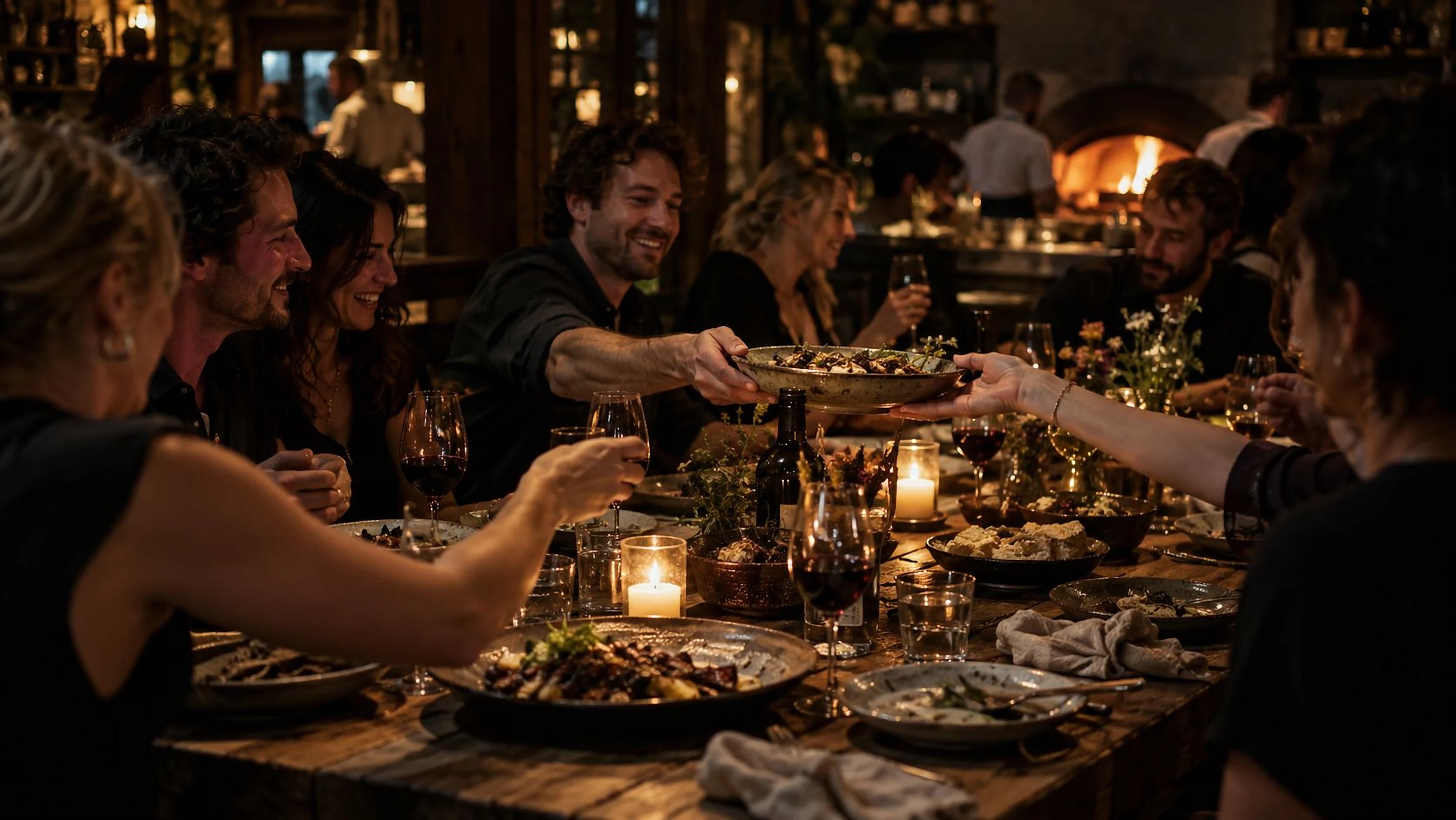 A full table sharing plates by candlelight