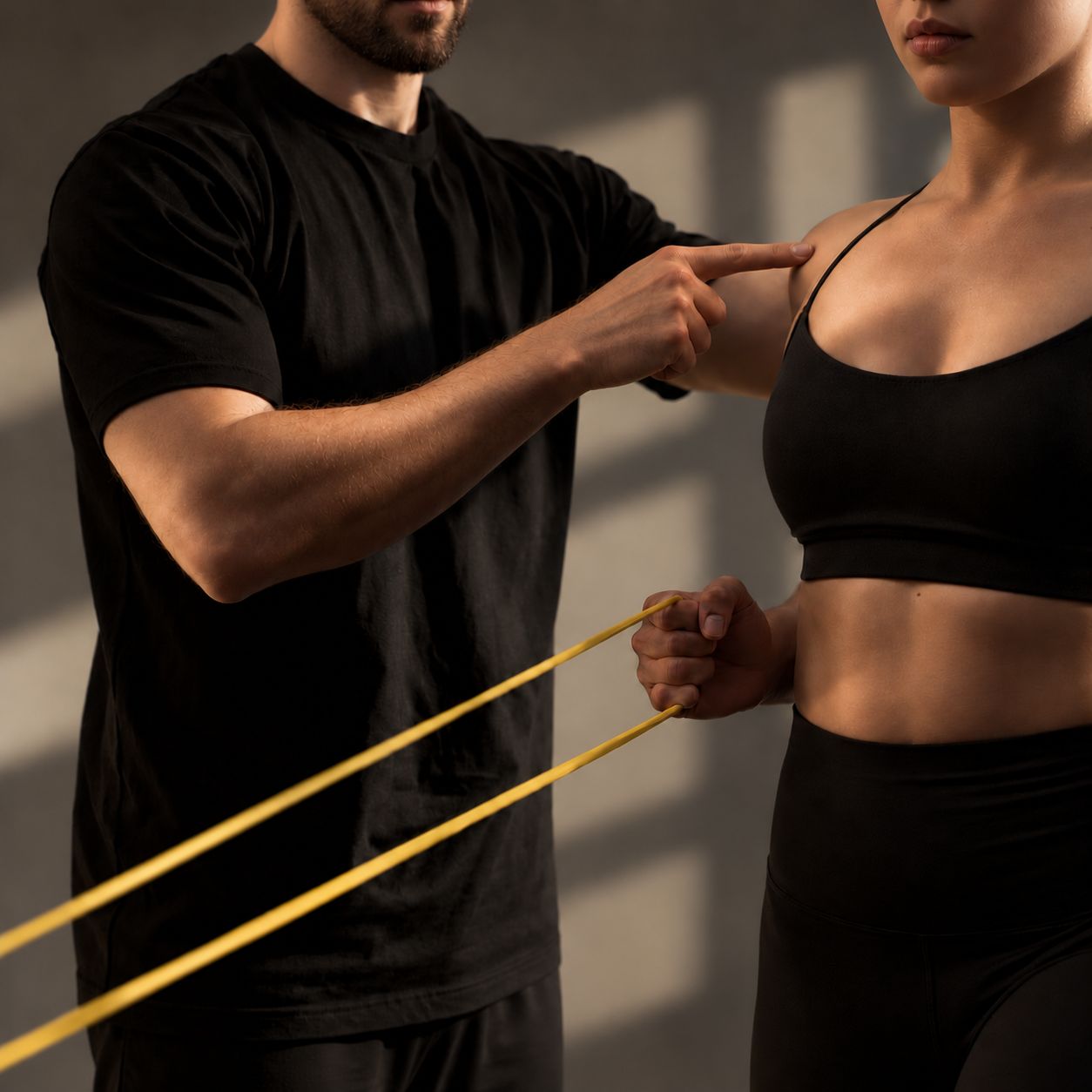A physiotherapist checking a client's shoulder during a resistance band test