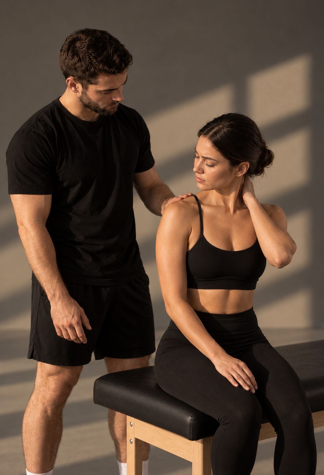 A physiotherapist assessing a client's neck and shoulder pain