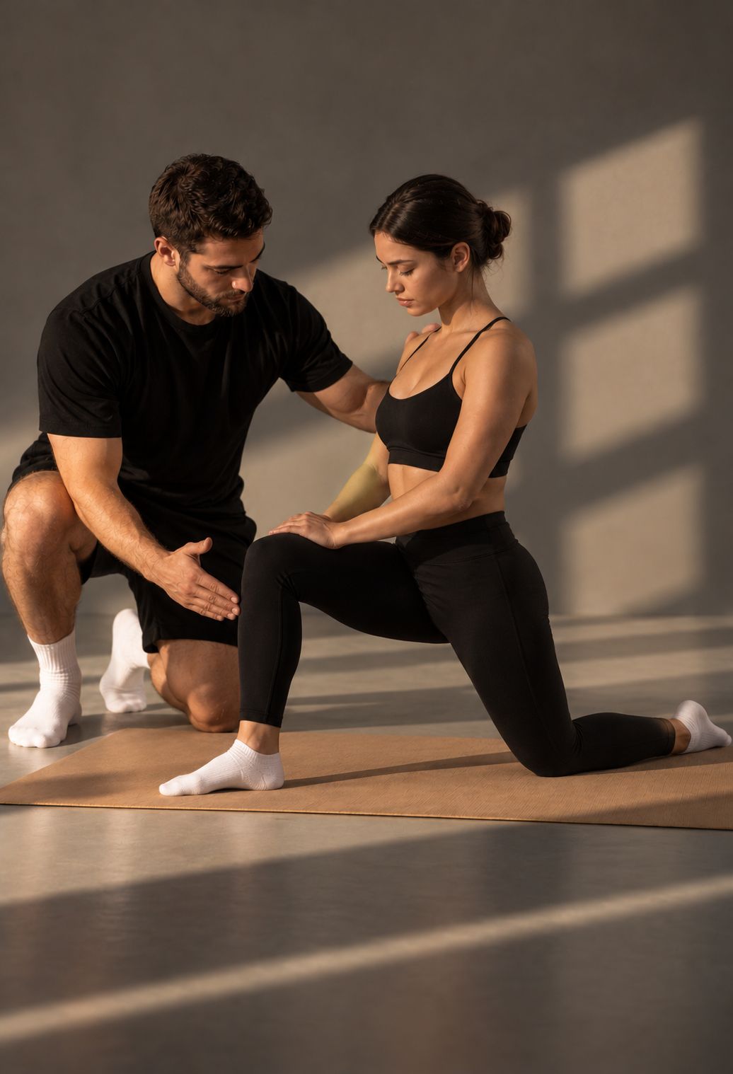 A physiotherapist guiding a client through a kneeling hip stretch on a mat