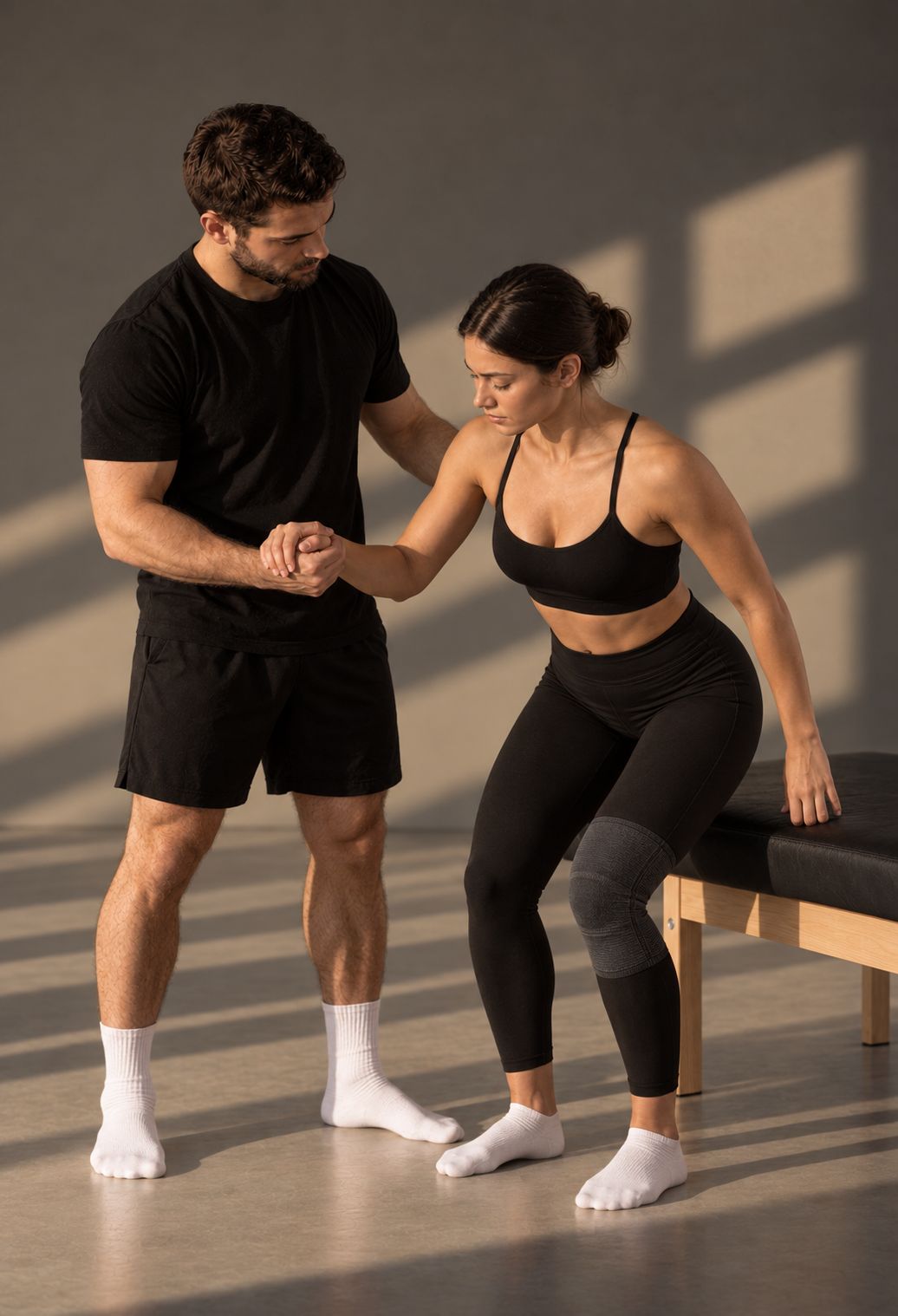 A physiotherapist supporting a client in a knee brace through a sit-to-stand exercise