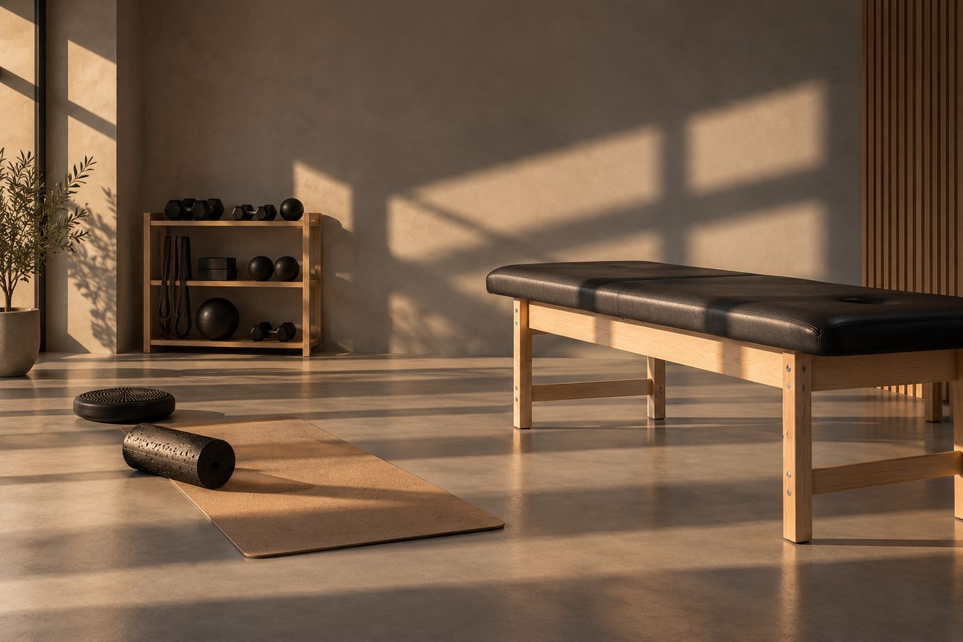 A calm, sunlit treatment room with a table, mat and exercise equipment