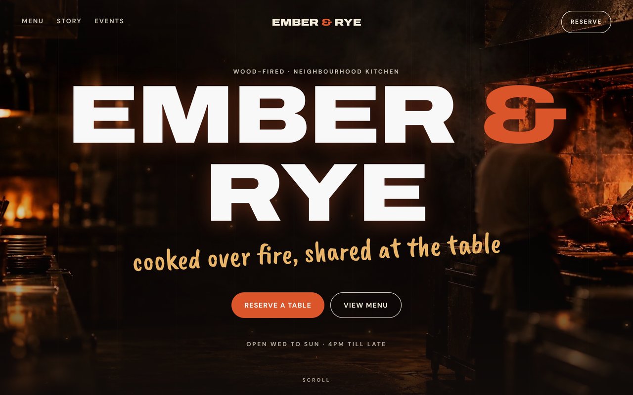 Ember and Rye restaurant website concept